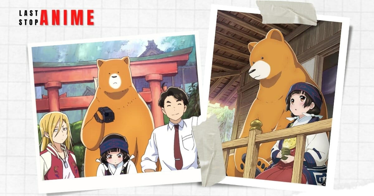 Bear and characters from Kuma Miko together in two images