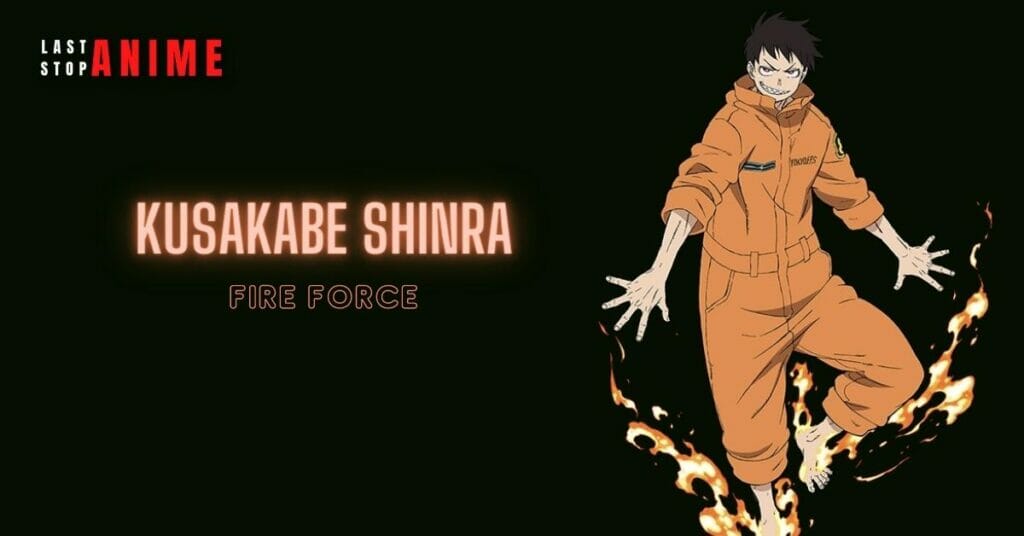 kusakabe shinra in orange fireman suit playing with fire 