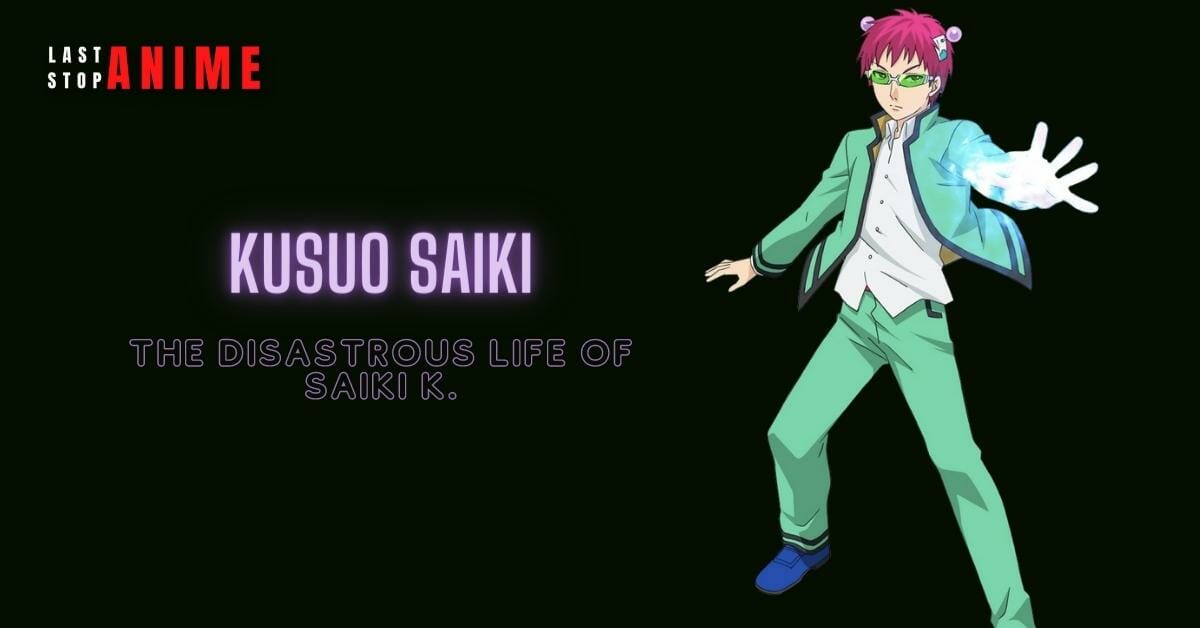 Kusuo Saiki wearing green suit in red hair with green glasses