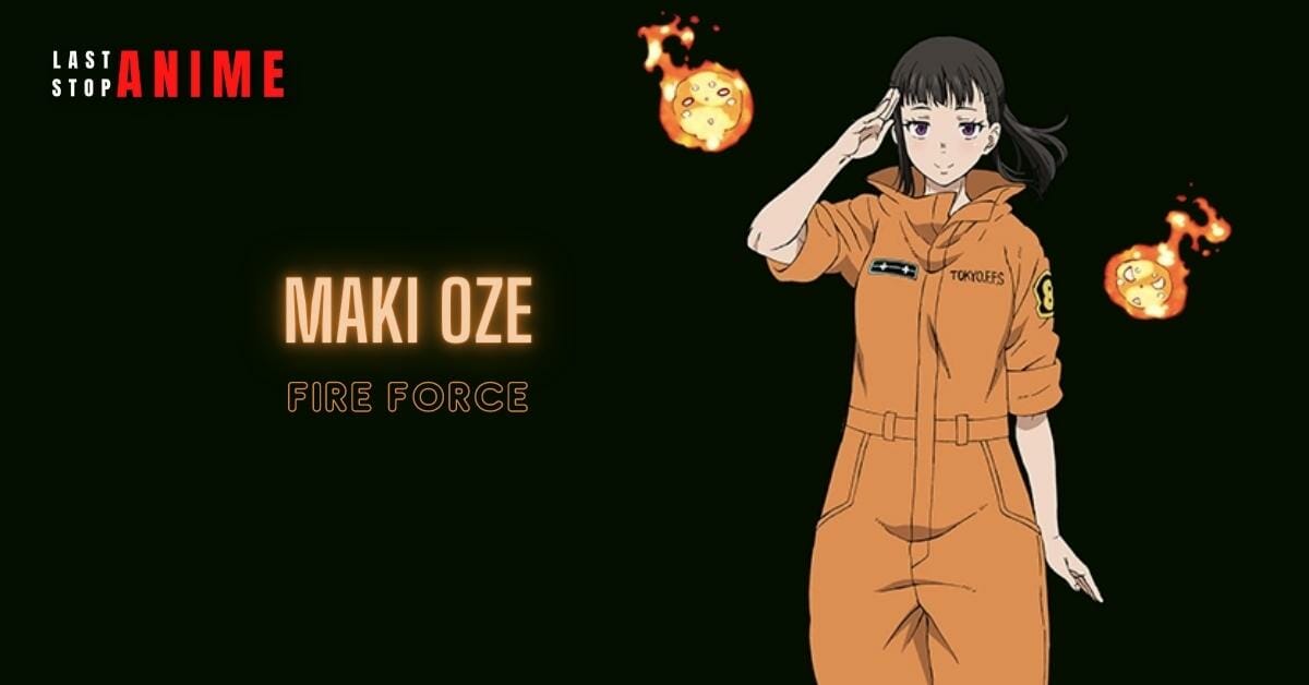 Maki Oze from Fire Force anime in orange uniform 