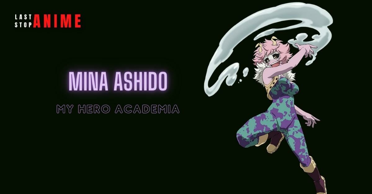 Mina Ashido from My Hero Academia in green and purple jumpsuit and pink hair 