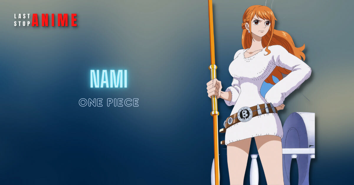 Nami from One Piece holding stick and looking angry in white dress
