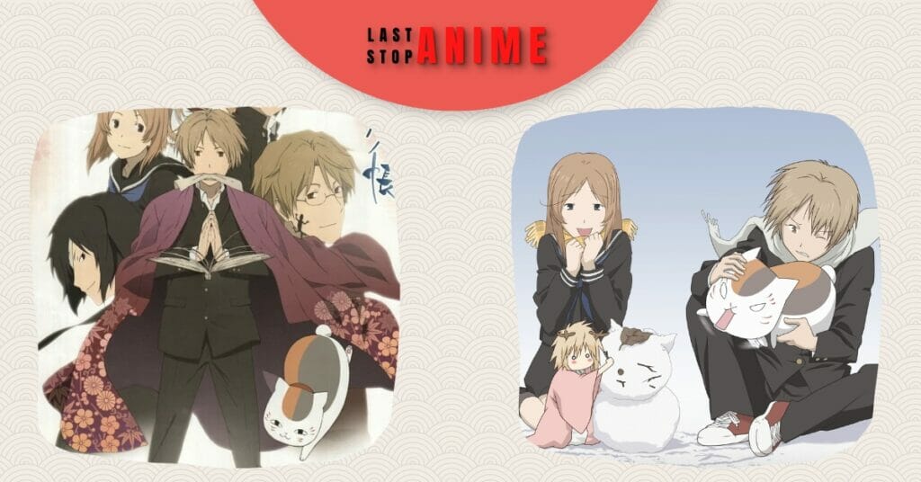 characters from Natsume Yuujinchou playing with kittens 