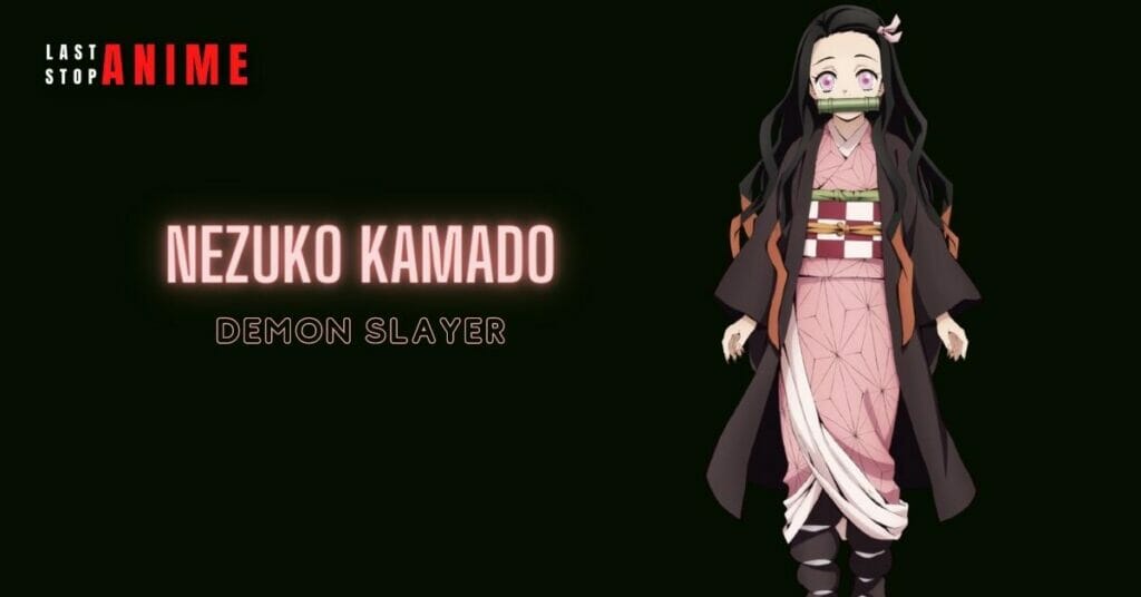 nezuko kamado from demon slayer anime holding bread in mouth in long hair and pink dress 