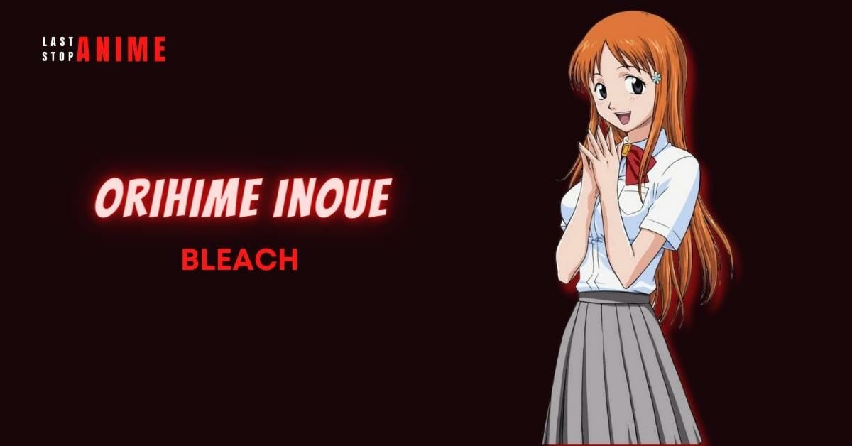  Orihime Inoue from Bleach with blonde hair, smiling and wearing grey skirt with white shirt and bowtie