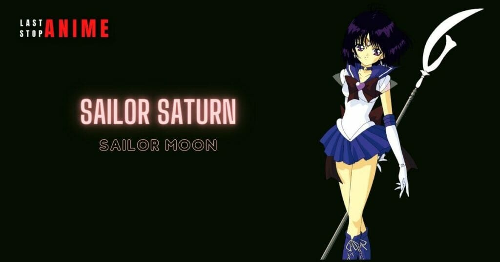 sailor saturn as capricorn anime character holding weapon and wearing blue dress in purple hair
