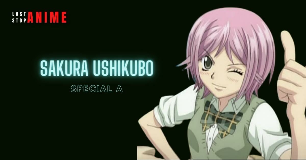 sakura ushikubo from special a anime in pink hair and green dress winking eye