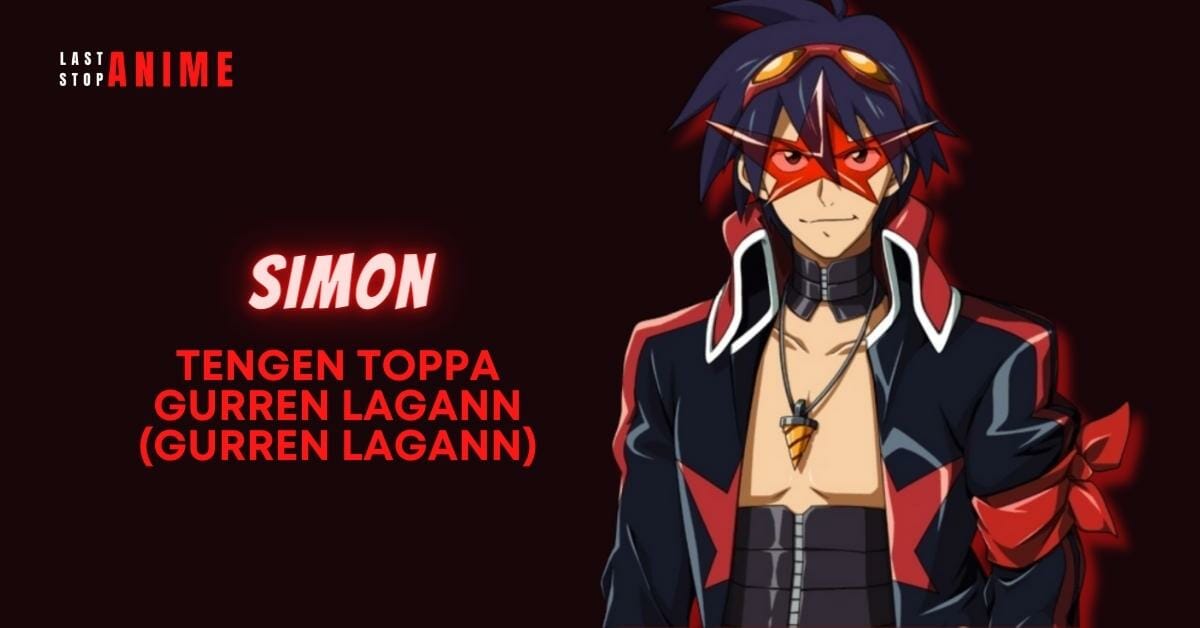 Simon from Tengen Toppa Gurren Lagann inm purple hair and red eye mask in funky dress