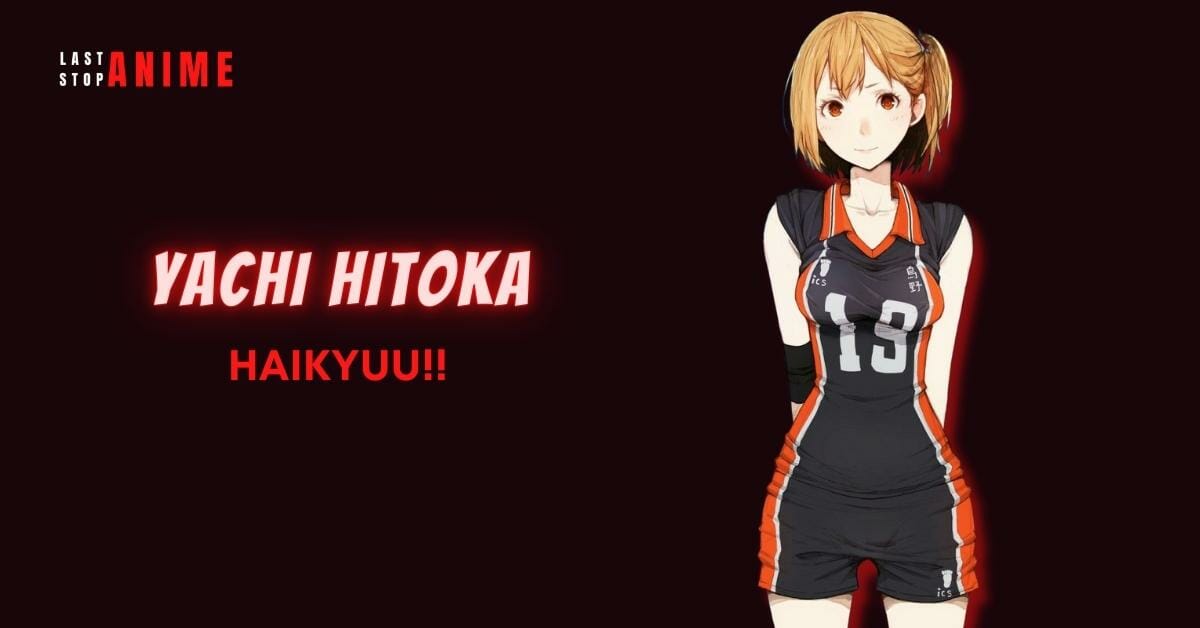 Yachi Hitoka wearing volleyball dress from Haikyuu in short blonde hair and red eyes