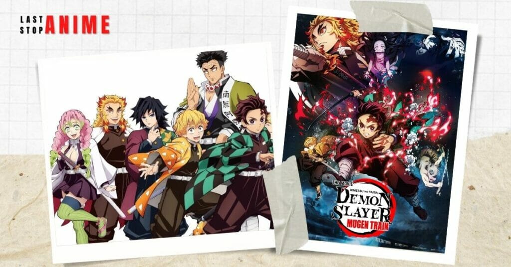 collage of posters of demon slayer anime together with laststopanime logo