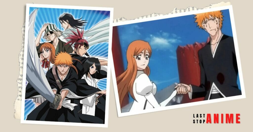 Poster image and characters holding hands from Bleach