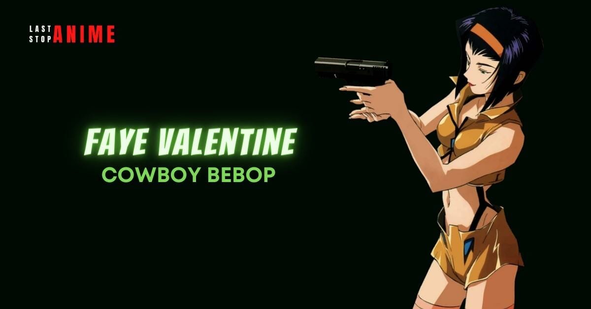  Faye Valentine from Cowboy Bebop in yellow dress holding gun in purple hair