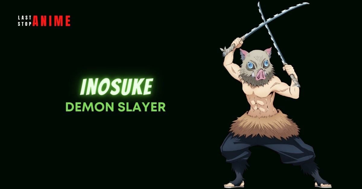  Inosuke in Demon Slayer holding sowrds in both hands and shirtless