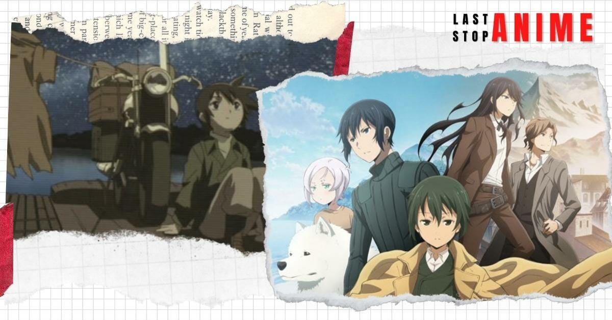 Main characters from kino's journey in one image and main characters with his bike sitting in another