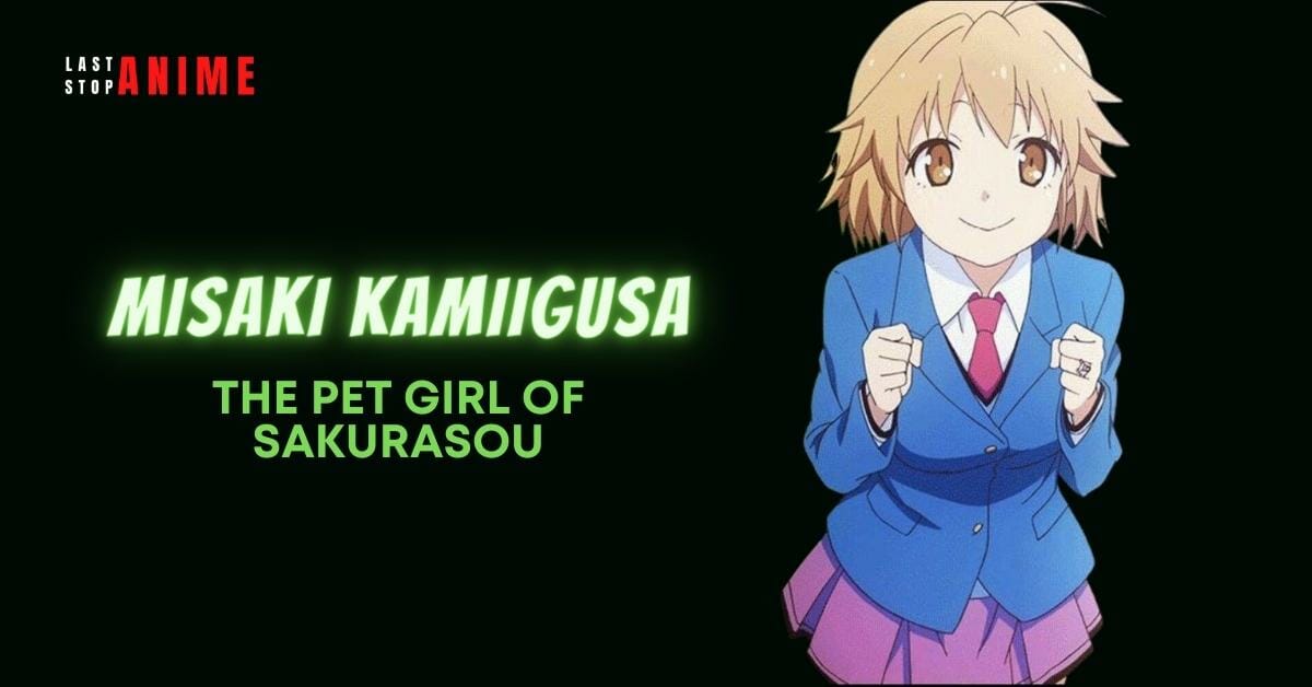 Misaki Kamiigusa from The Pet Girl of Sakurasou in pink shirt and blue coat with blonde hair