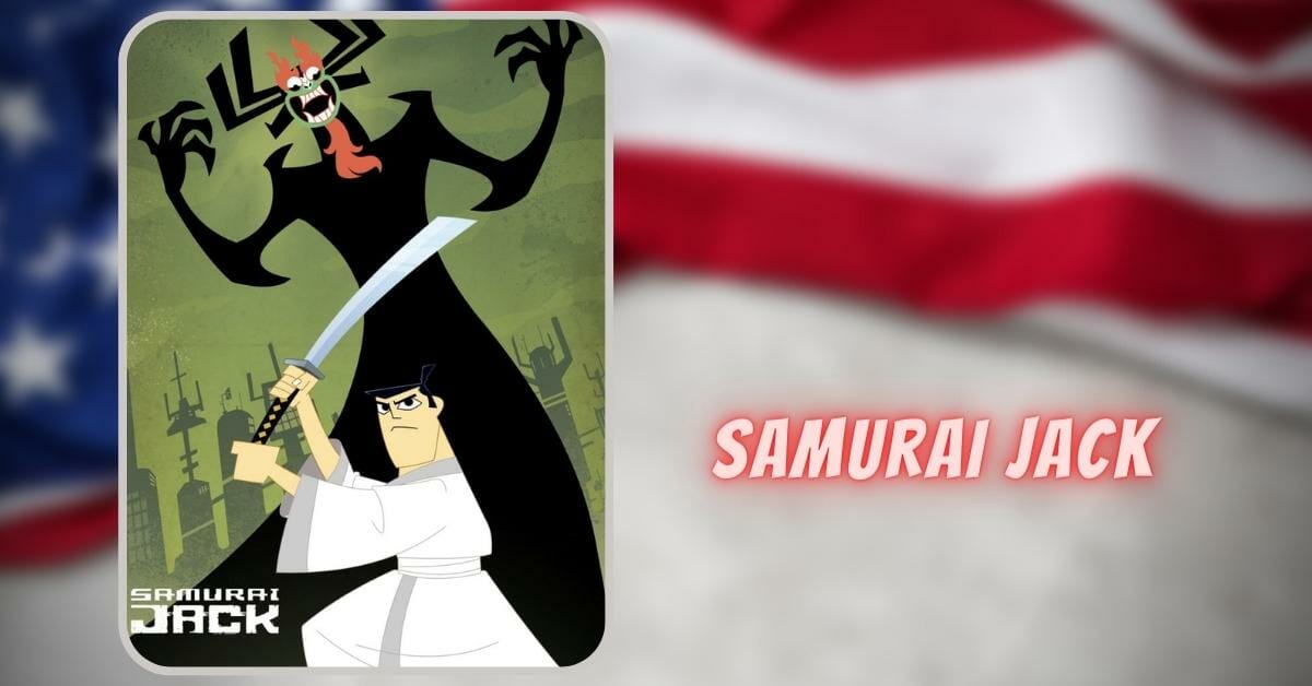 Samurai jack holding sword with evil in the back from cover image of the anime