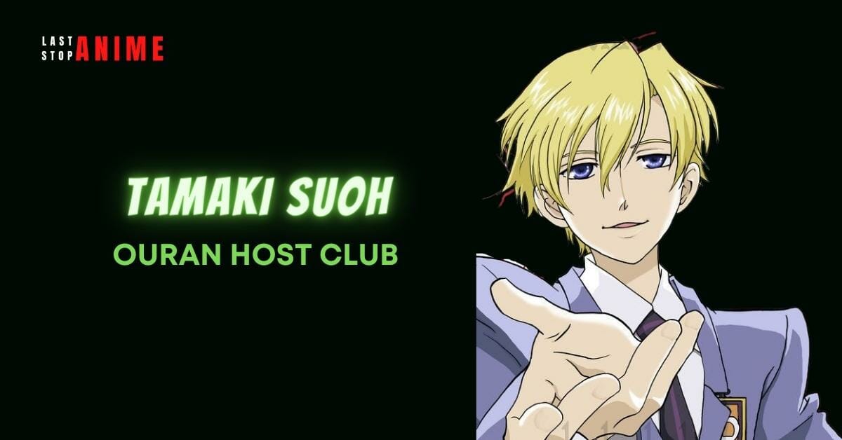 Tamaki Suoh from Ouran Host Club in short blonde hair, purple eyes wearing purple blazer