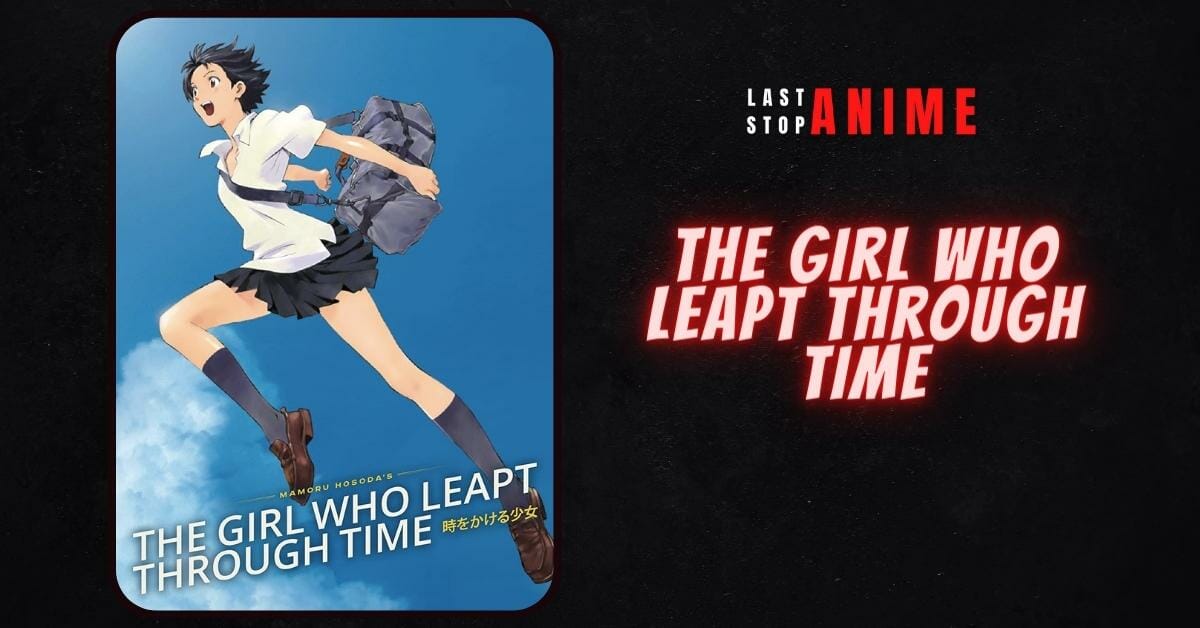 Lead character from The Girl Who Leapt Through Time jumping in air in uniform and hand bag 