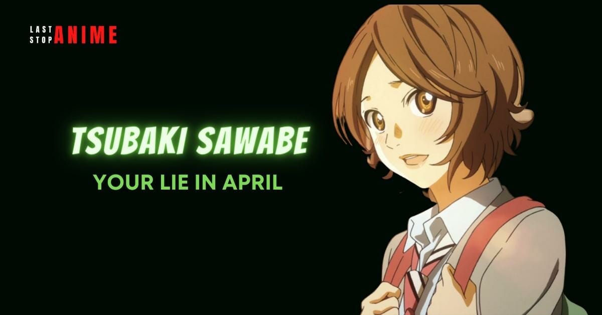 Tsubaki Sawabe from Your Lie In April in brown eyes, brown short hair carrying schoolbag in uniform