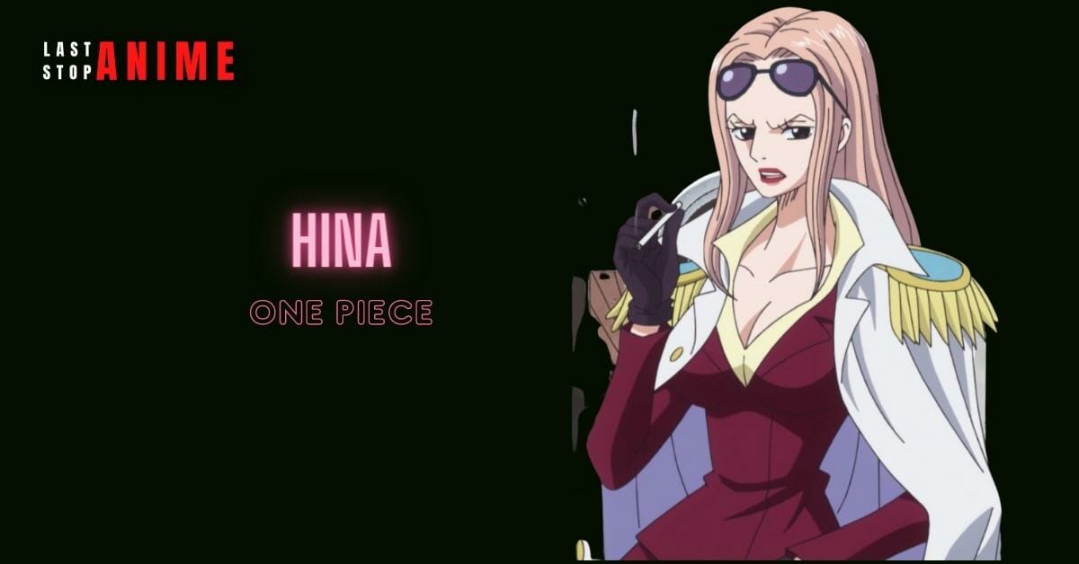 hina from one piece smoking ciggarette while wearing red formal suit and sunglasses