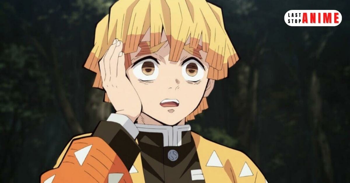 zenitsu in blonde hair covering his right ear with right hand
