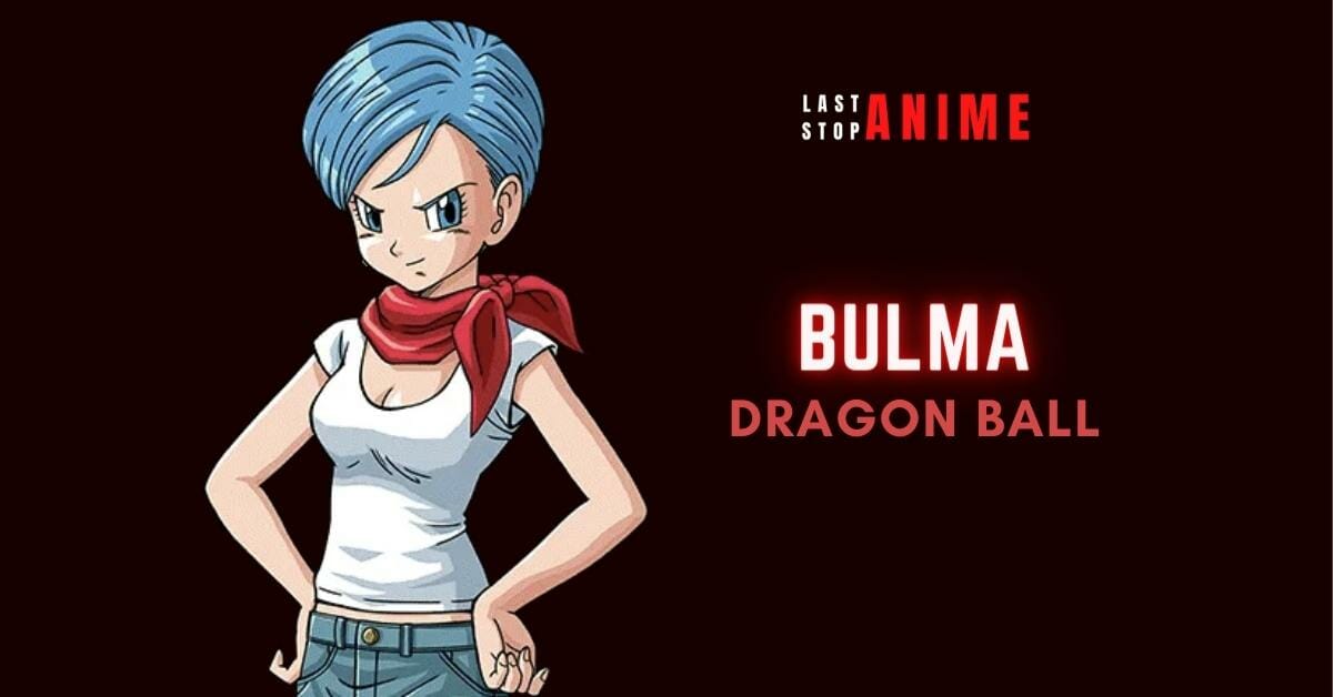 Bulma from Dragon Ball in blue hair and red scarf around her neck wearing white top and blue jeans