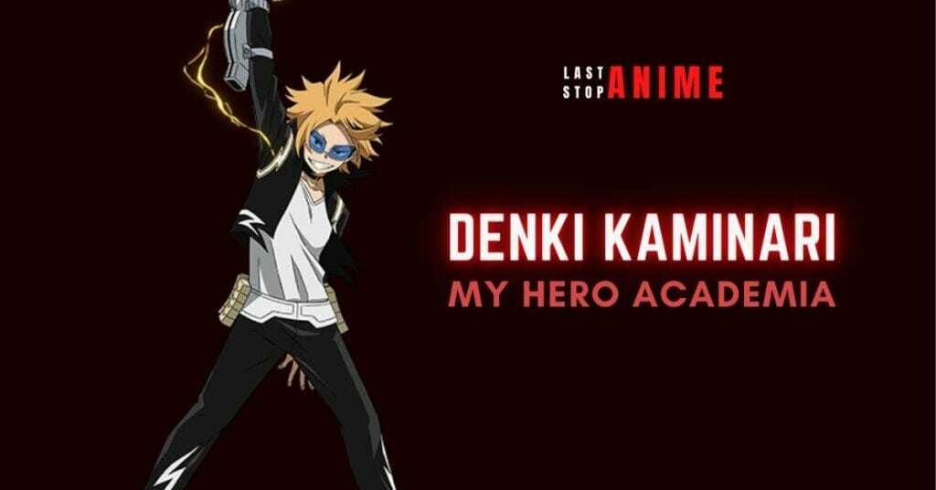 Denki Kaminarifrom My Hero Academia holding gun in blonde hair and blue glasses