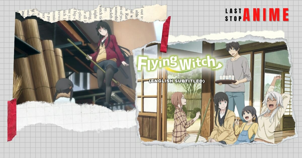 Images of Flying Witch with characters in broom 