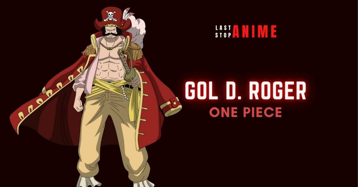 Gol D. Roger with his abs wearing red hat and coat while having sword
