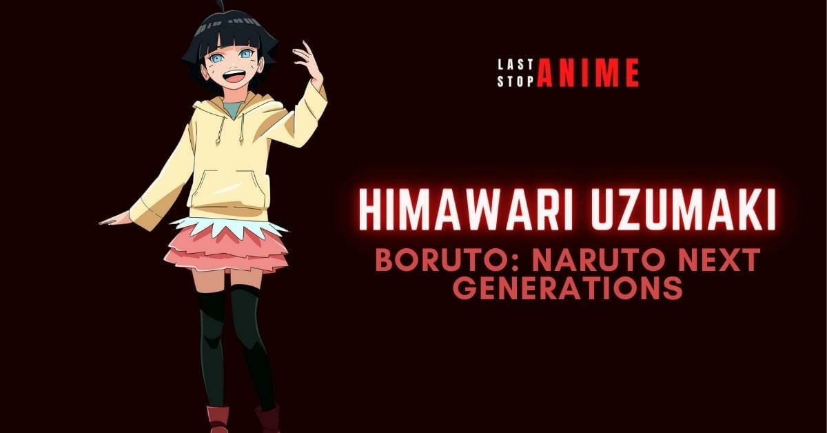 Himawari Uzumaki wearing pink skirt and yellow sweatshirt and has green eyes