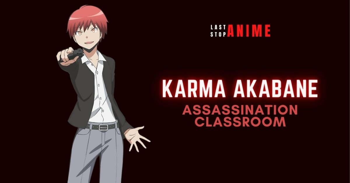 Karma Akabane in red hair and formal dress holding gun in right hand 