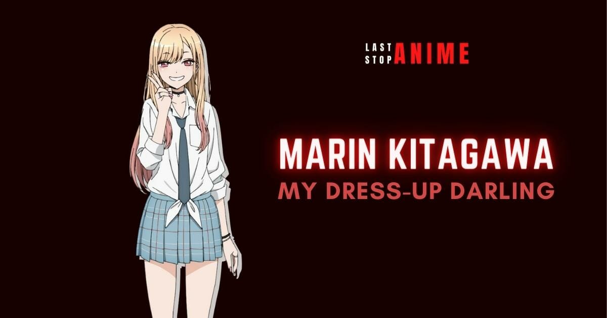 Marin Kitagawa wearing blue checked skirt with shirt and tie in long blonde hair and red eyes