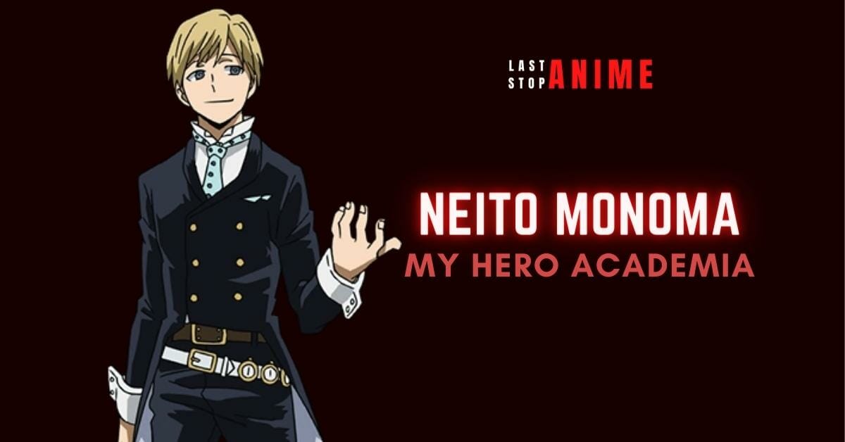 Neito Monoma in blonde short hair wearing blue tie and formal gentleman dress