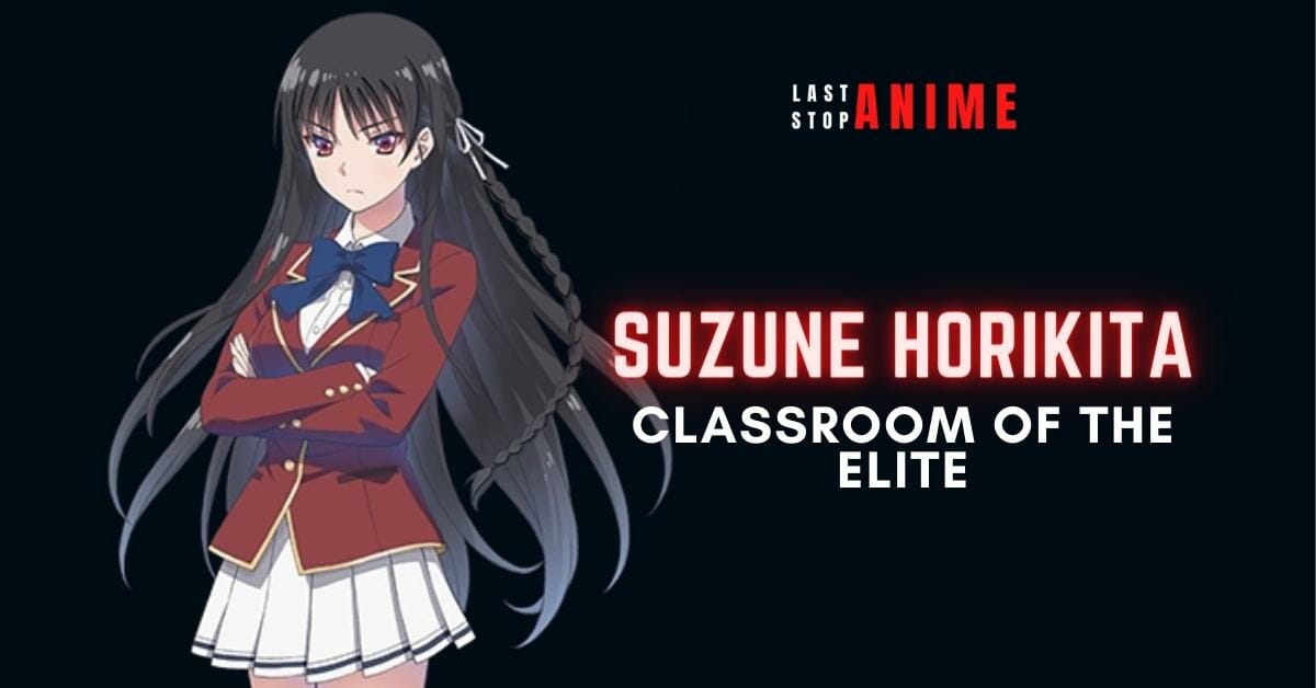Suzune Horikita in red eyes wearing school uniform 
