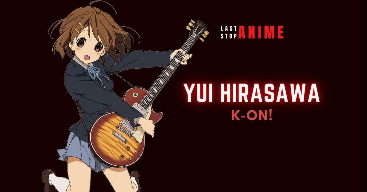 Yui Hirasawa wearing school uniform and playing guitar with big eyes