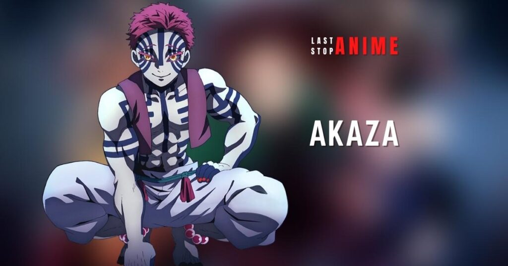 Akaza sitting in purple hair and tattooed body