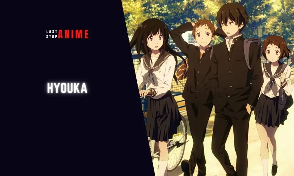 Characters from Hyouka in school uniform walking 