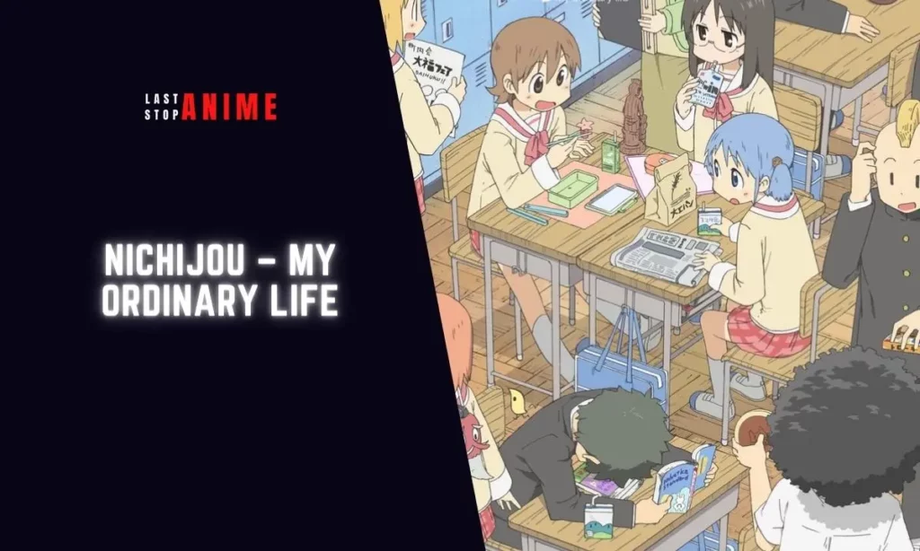 Characters from Nichijou – My Ordinary Life sitting on table in school inform and talking