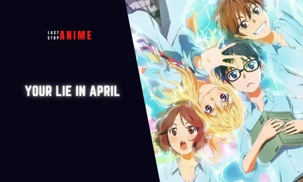 Characters from Your Lie in April lying together in surprise