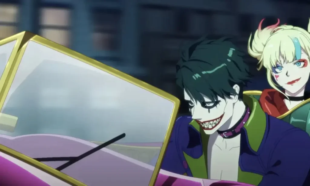 joker and harley quinn on a car riding somewhere in the anime