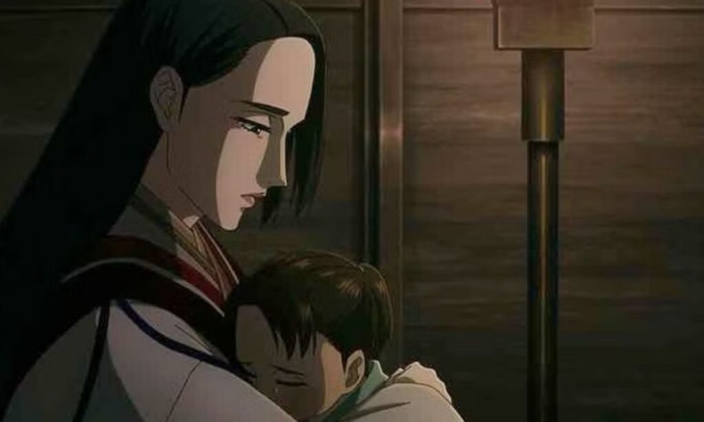 Child Yukiya from Yatagarasu being held by his stepmother